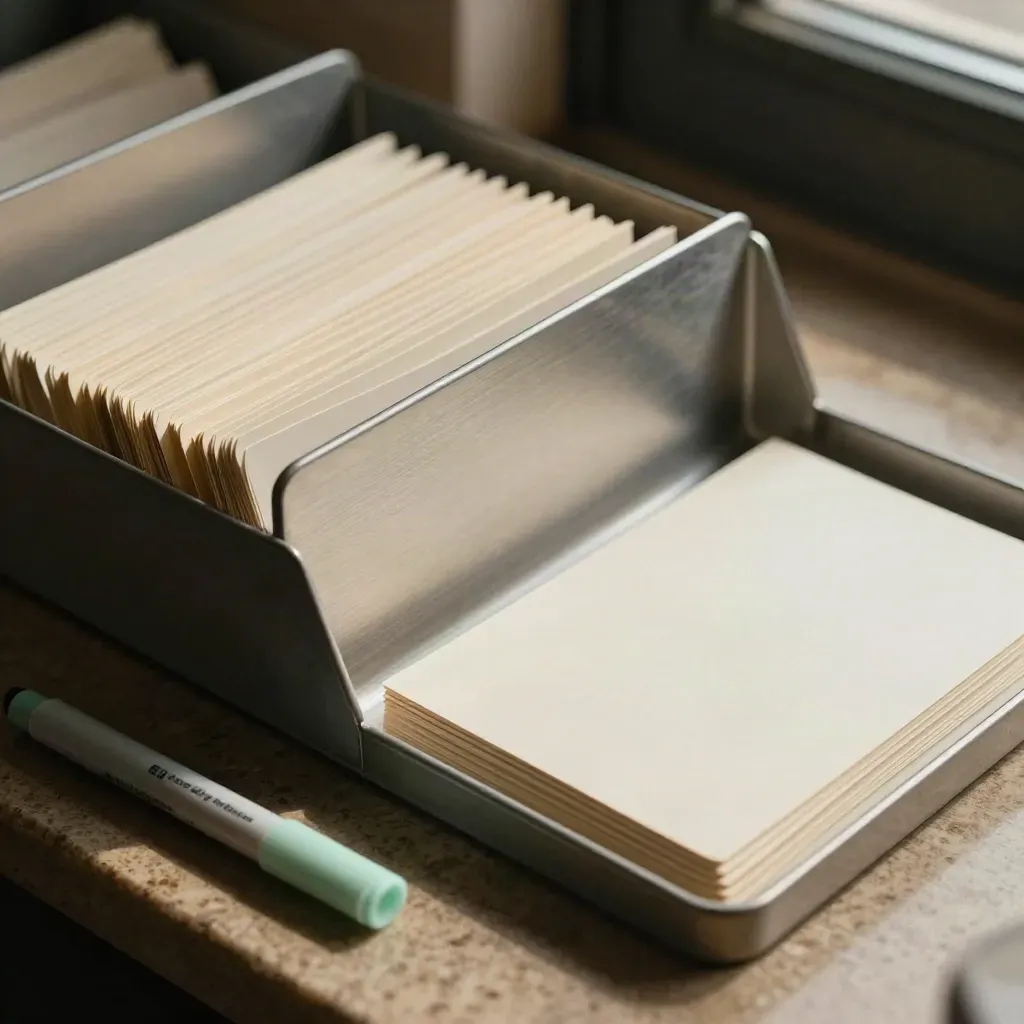 Top-down still life of file dividers, marker, and blank cards on travertine