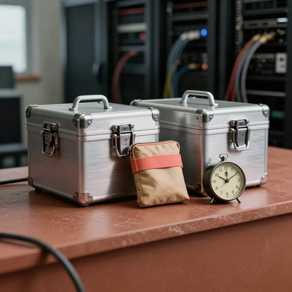 Transfer crates, adapter pouch, and timer on a terracotta ledge in soft low light.