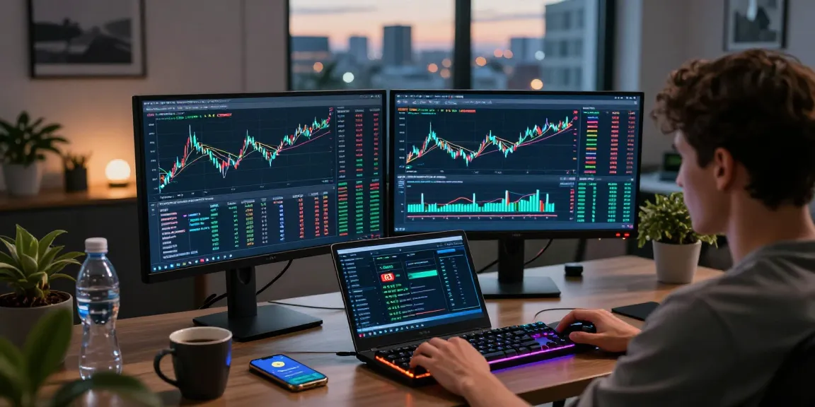 Automated bitcoin mining showcased in a professional workspace with cryptocurrency wallet and trading tools.