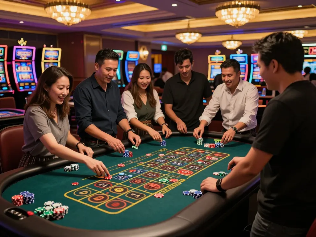 Players engaging at a roulette table in a casino, showcasing excitement and strategies with slot server kamboja in action.