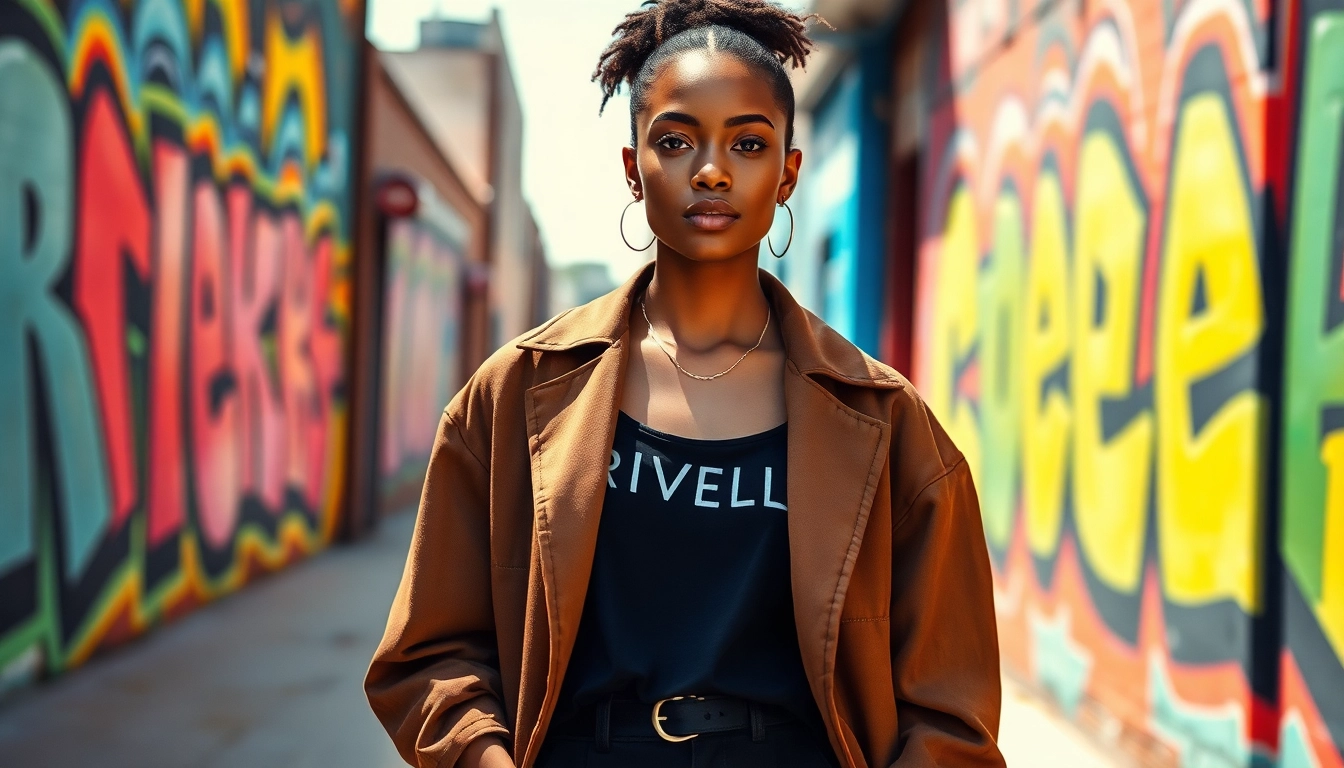 Showcasing Rivelle clothing on a model in a vibrant urban setting with colorful street art.