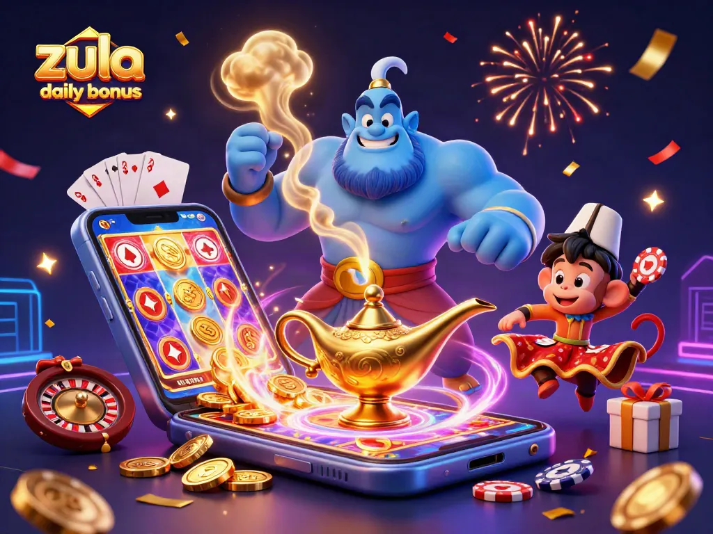 Claim your zula casino daily bonus with vibrant casino characters and dynamic game elements, capturing excitement.