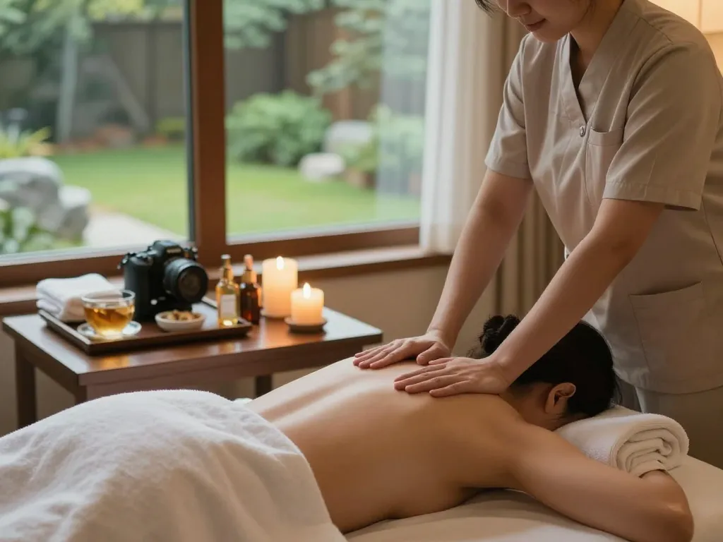 신사동마사지 session in a luxurious spa with serene lighting and calming atmosphere.