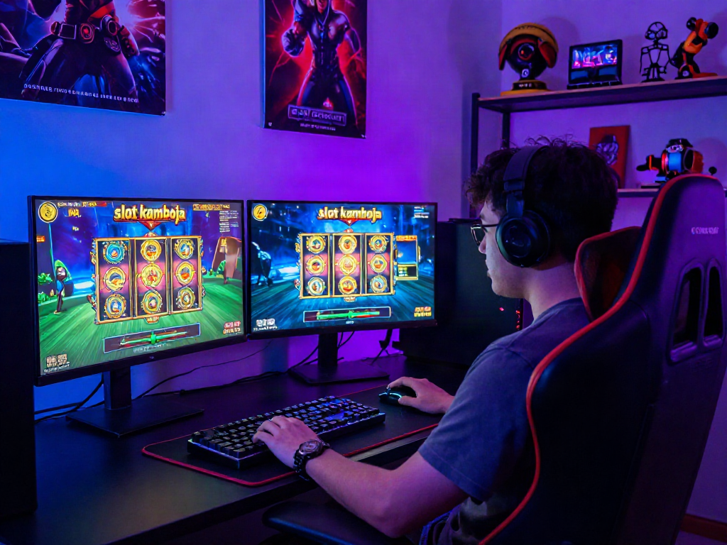 Engaging scene of a gamer immersed in "slot kamboja" gameplay on dual screens with vibrant graphics and atmospheric lighting.