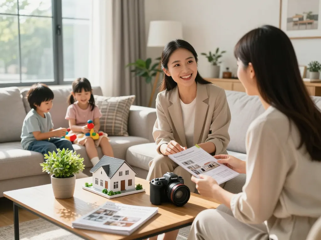 We buy houses scenario with real estate agent showcasing home options to happy family in bright living room.