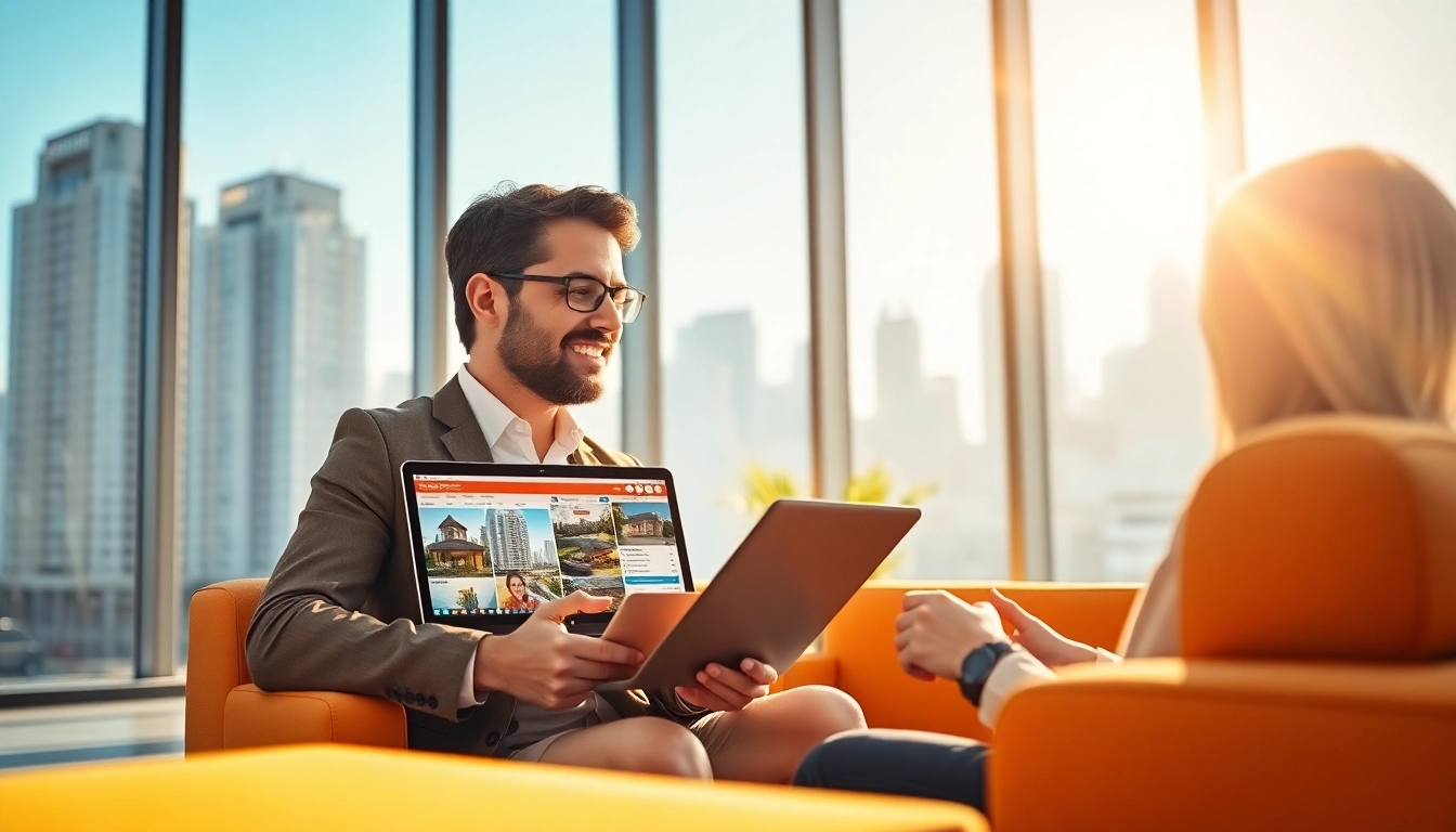 Real Estate agent discussing listings with client in stylish office space.