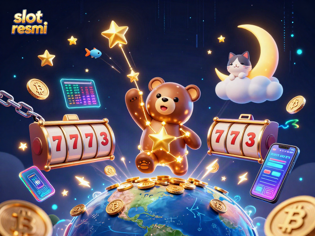 Engage with slot resmi in a vibrant, dynamic 3D casino illustration filled with rich casino elements.