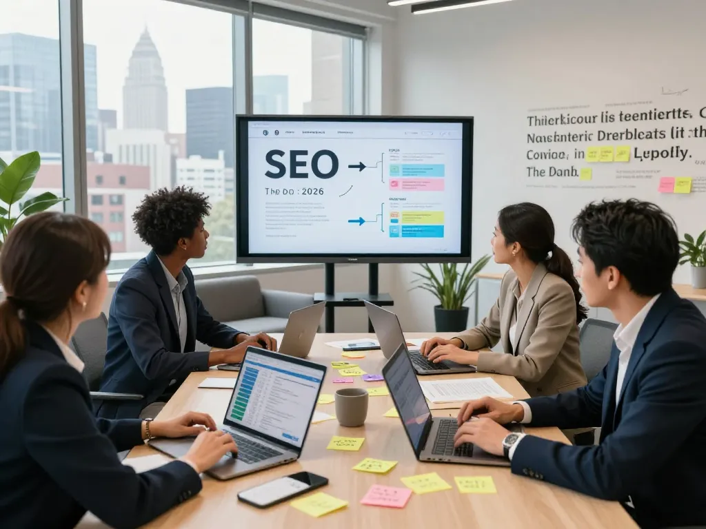 SEO Company in NYC team collaborating on digital marketing strategies in a contemporary office, showcasing teamwork and innovation.