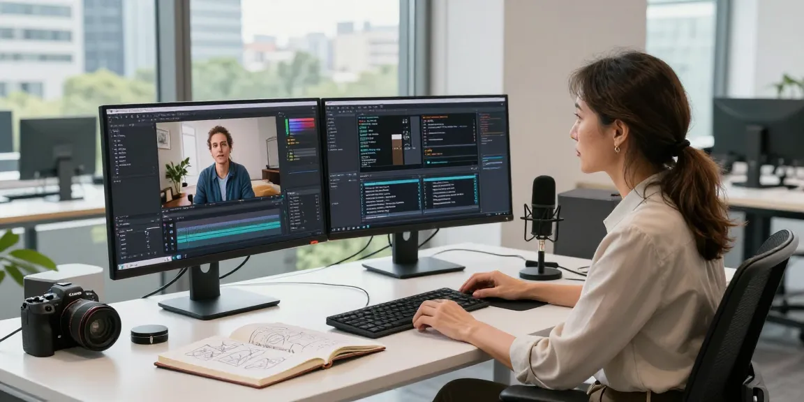 Video to prompt generated from a workspace showcasing a professional analyzing video clips on dual monitors, emphasizing tech creativity.