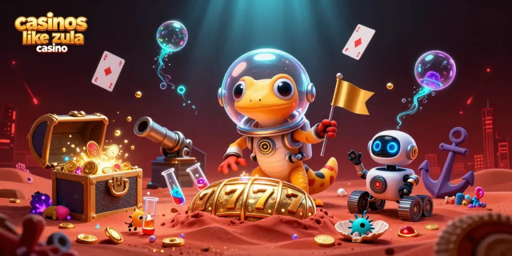 Experience gaming excitement with casinos like Zula Casino in this vibrant 3D scene!