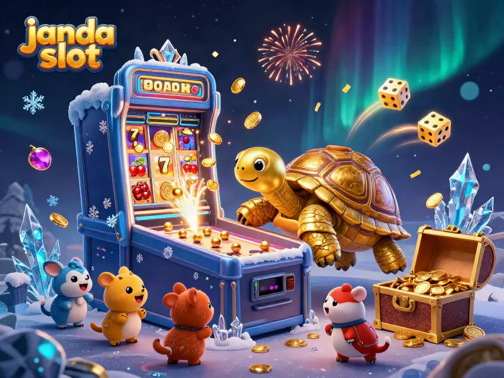 Permainan janda slot yang menyenangkan dengan karakter kura-kura emas dan mesin slot mengeluarkan jackpot.