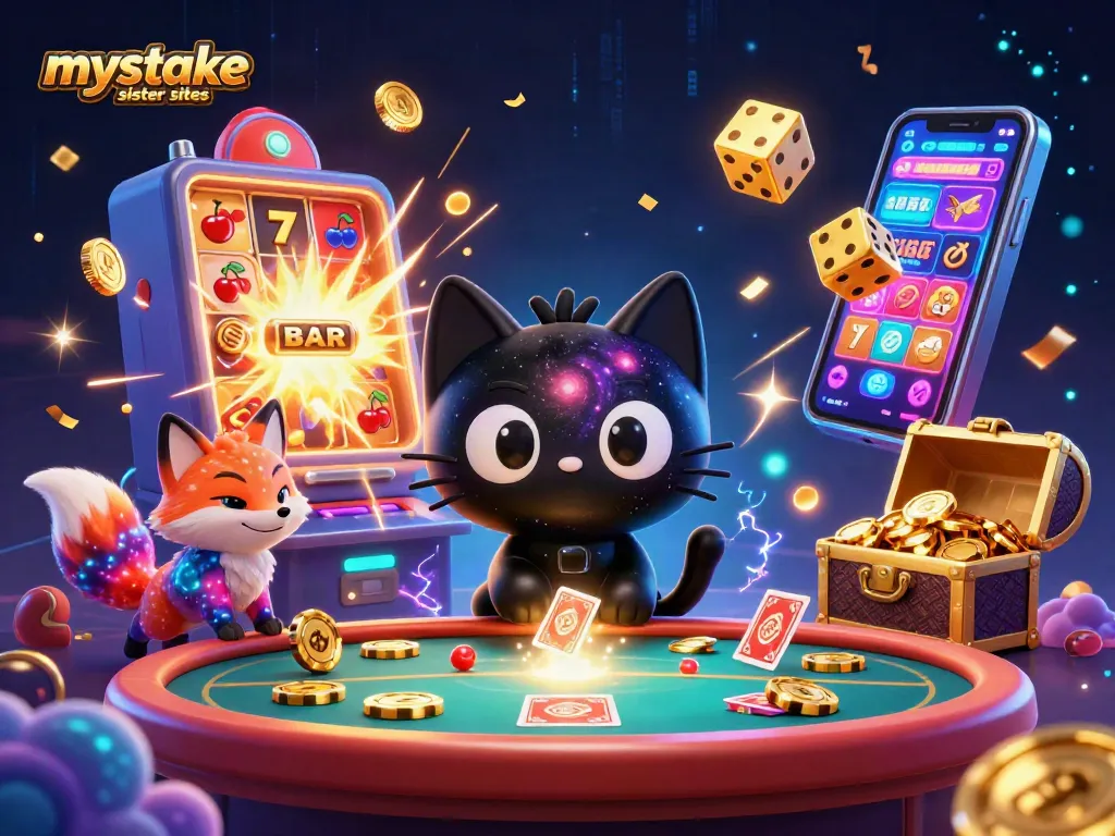 Experience thrilling gameplay with mystake sister sites and vibrant casino elements in a cosmic scene.