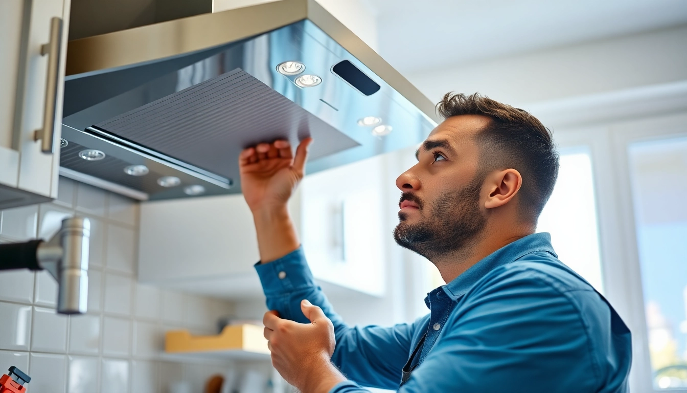 Vent hood repair expert fixing kitchen ventilation with advanced tools and attention to detail.