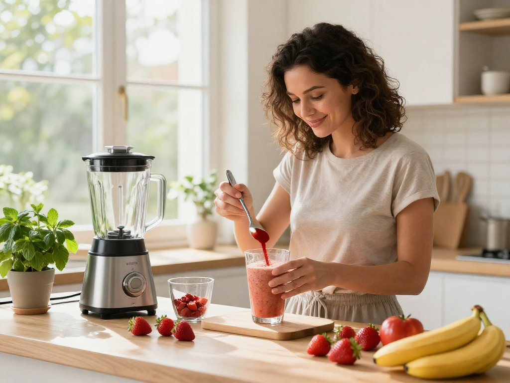 Preparing a smoothie with Haematococcus pluvialis astaxanthin in a bright kitchen.