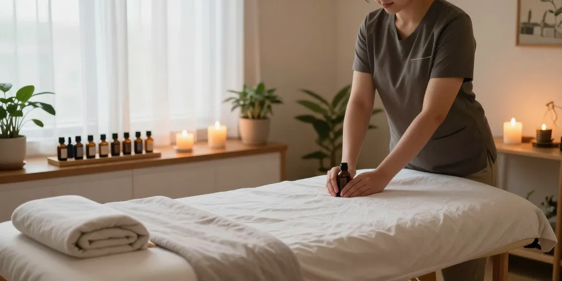 성수동출장마사지 세션 준비 중인 마사지 치료실, 편안한 분위기