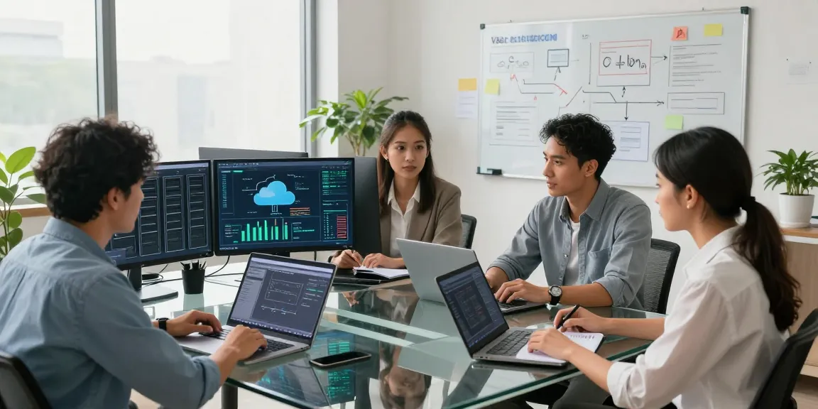 Collaboration in a modern office discussing VPS Hosting en México with monitors showing performance metrics.