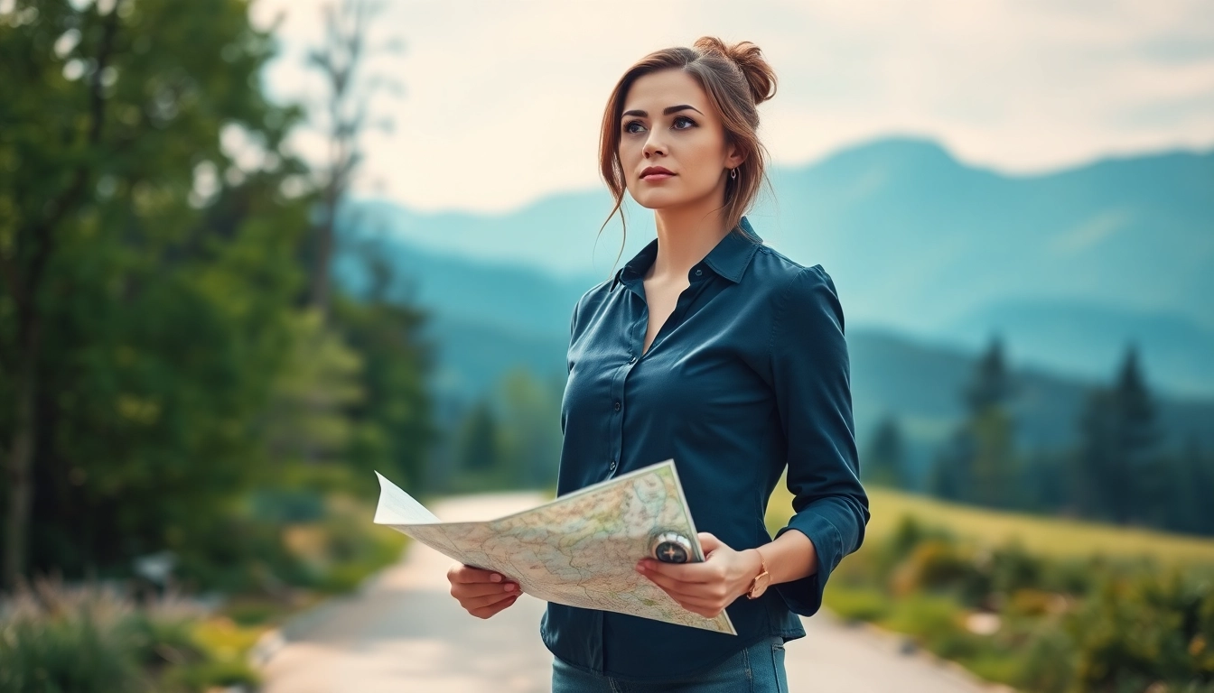 Woman contemplating her path to Find my true calling, standing at a scenic crossroads with a map and compass.