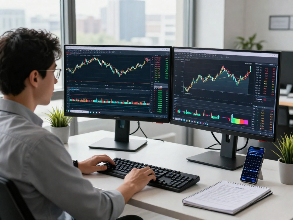 使用metatrader 5进行外汇交易的现代工作场景，显示交易图表和市场深度。