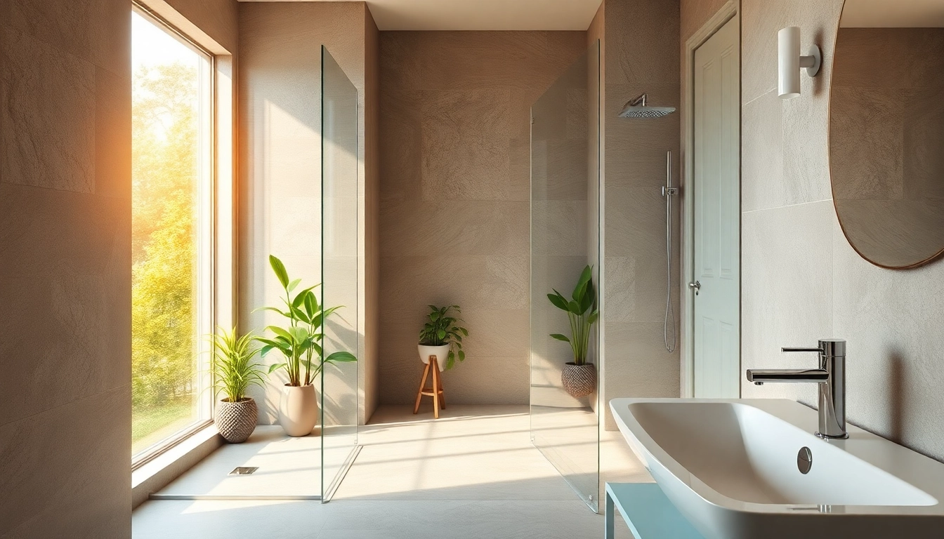 Create an elegant shower UK space highlighting modern design features and a relaxing atmosphere.