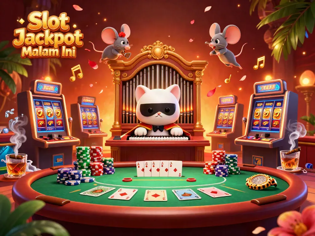 Gambarkan Slot Gampang Jackpot Malam Ini dengan kucing topeng bermain di kasino, dikelilingi slot dan poker.