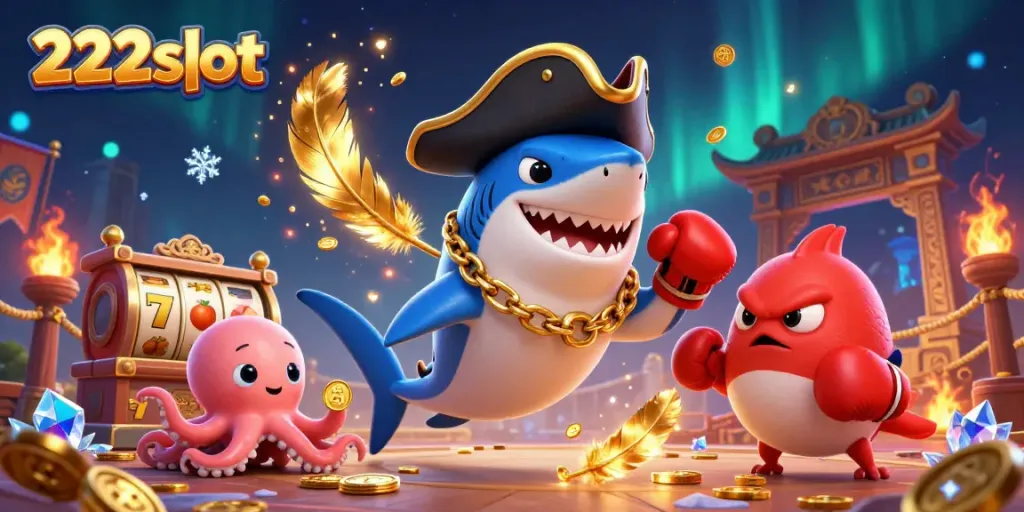 Slot menarik di 222slot dengan hiu bajak laut dan karakter lucu mengumpulkan koin emas.