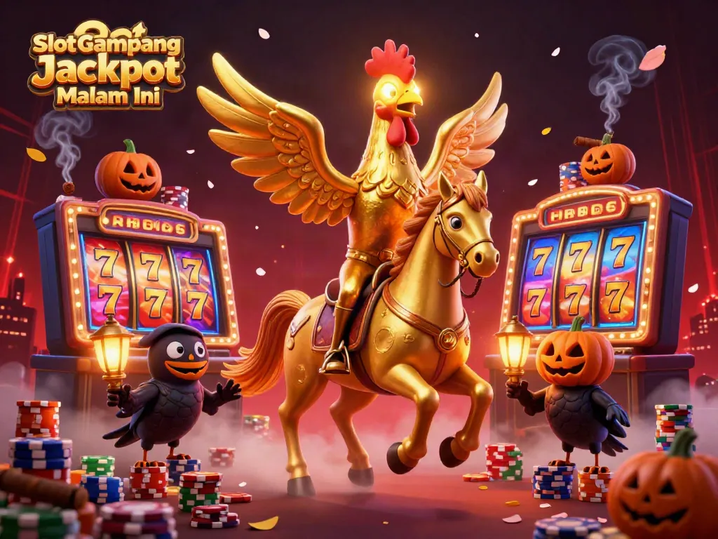 Visualisasi Slot Gampang Jackpot Malam Ini dengan ayam emas berkepala menyala di kasino malam, dikelilingi elemen permainan menggugah.