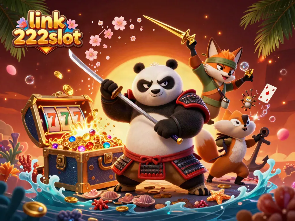 Mainkan slot dengan cepat di link 222slot, dikelilingi karakter 3D ceria dalam suasana kasino penuh warna.