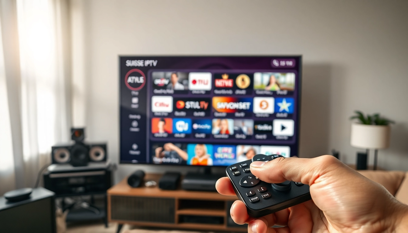 Suisse IPTV setup with remote control showcasing streaming options in a cozy living room.