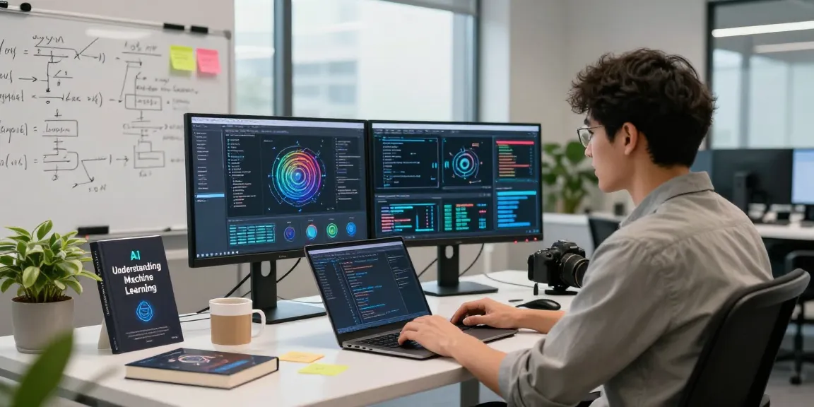 Explore a modern AI workspace with a data scientist focusing on artificial intelligence projects, showcasing applications of crush on ai.