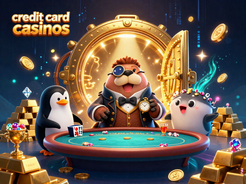 Join the fun at credit card casinos with a jolly walrus playing poker surrounded by treasures.
