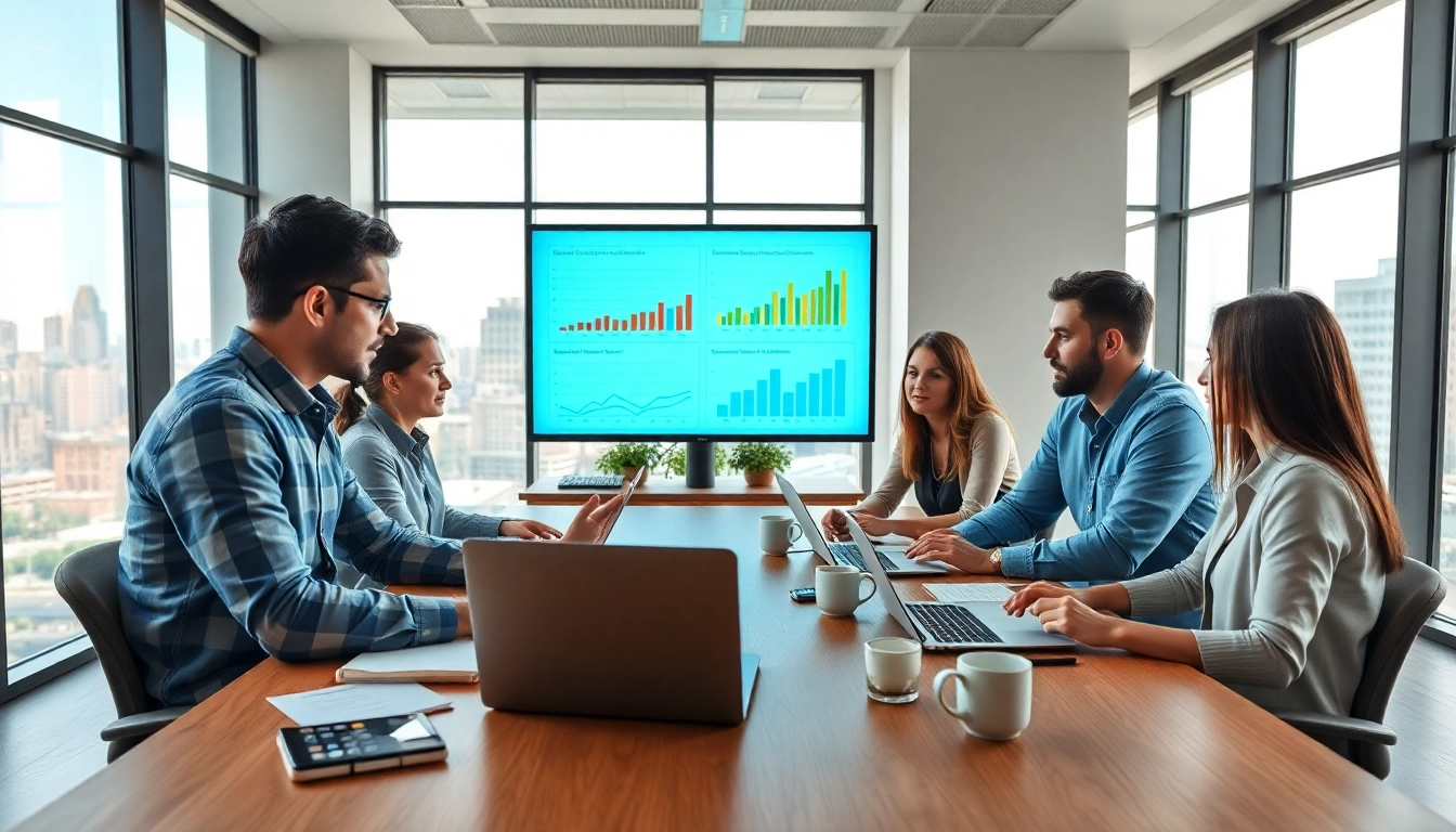 SEO Agentur Düsseldorf optimizes a strategy with a diverse team in a bright office.