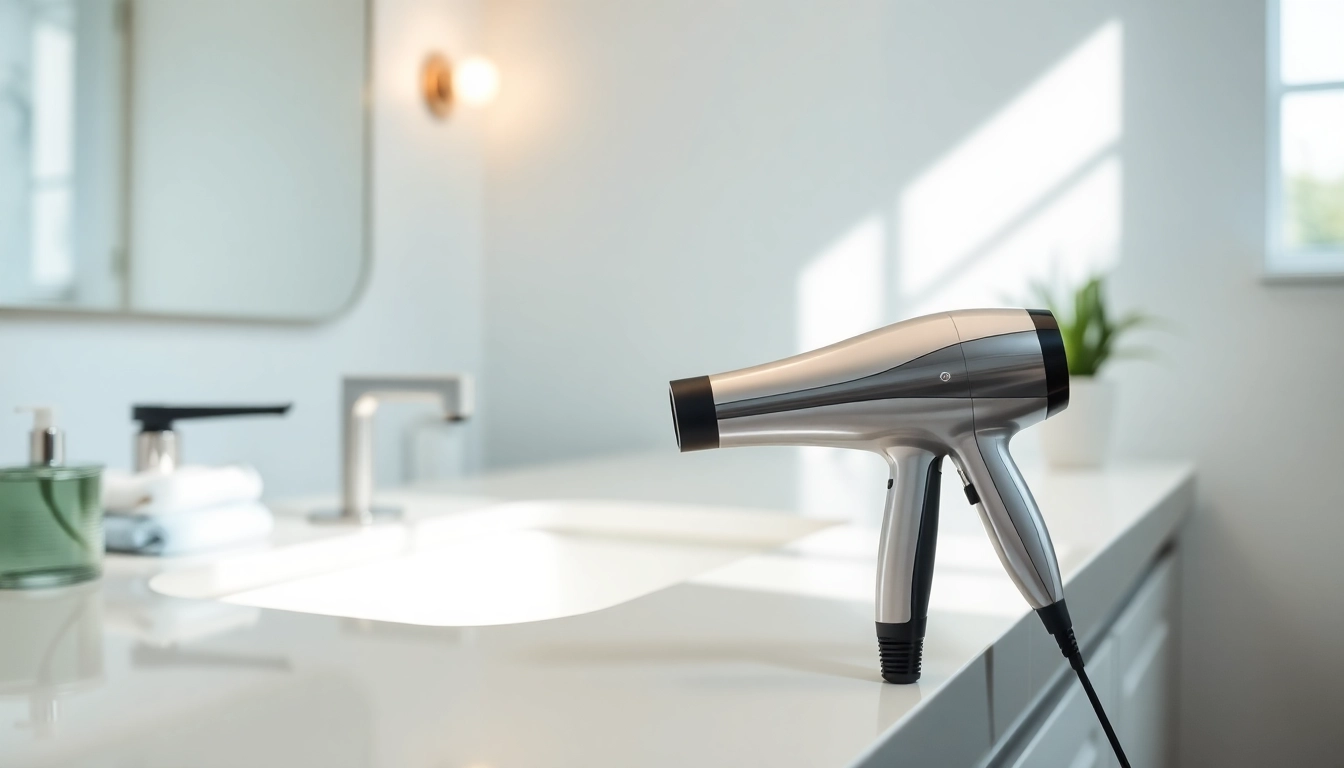Efficient hair dryer for fine hair displayed on a stylish vanity.