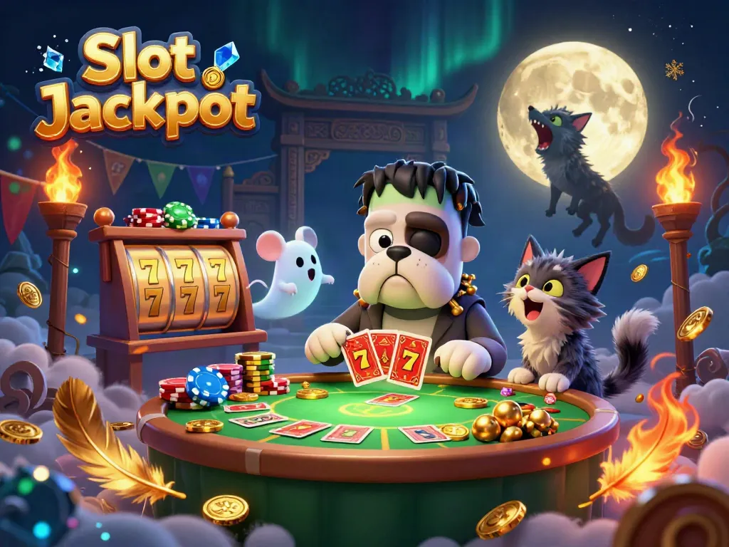 Slot Jackpot menggambarkan bulldog Frankenstein bermain kartu di kasino yang dikelilingi chip emas dan simbol keberuntungan.