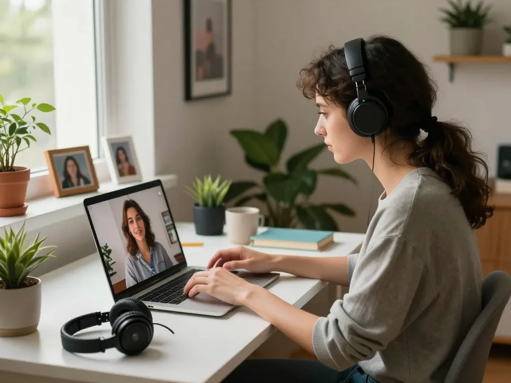 A cozy home office scene showcasing interaction with an AI girlfriend, reflects modern digital relationships.