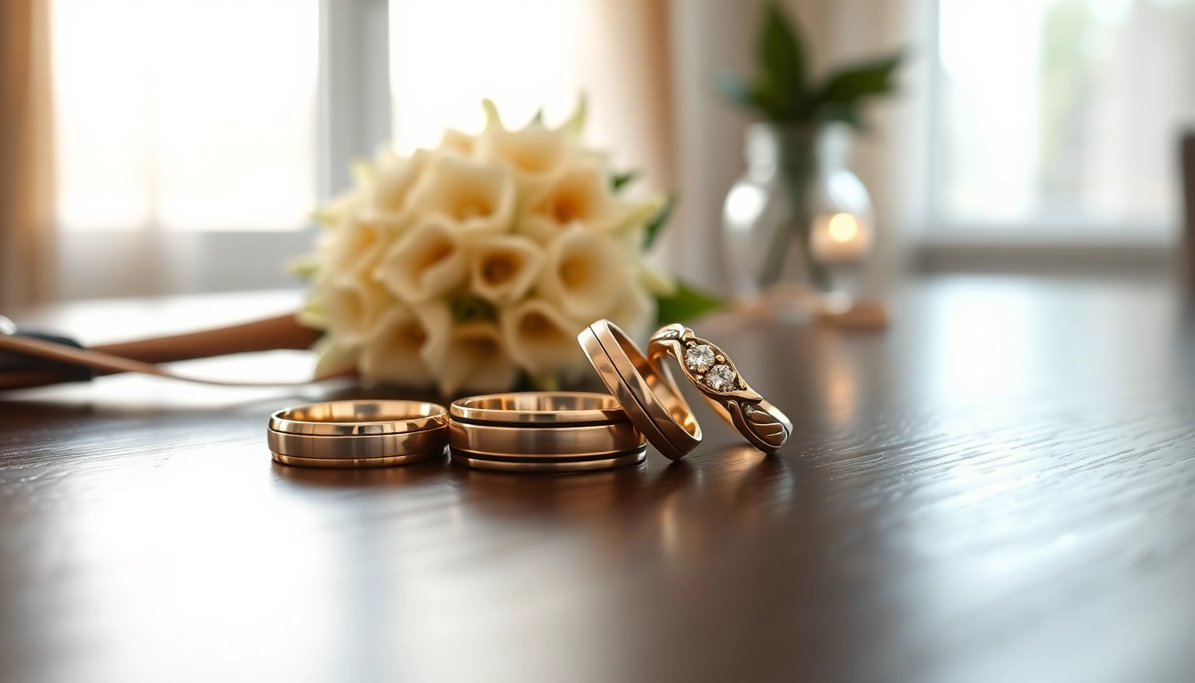 Showcasing stylish mens wedding rings crafted with precision and elegance on a wooden surface.