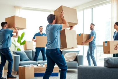 Best Toronto Movers expertly handling furniture in a bright, modern apartment.