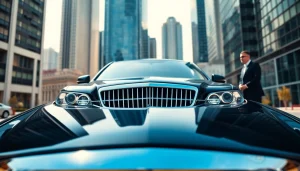 Experience chauffeur services near me with luxurious black limousine in a modern city setting.