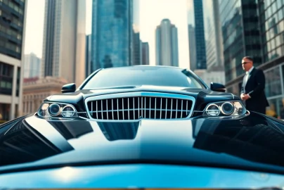 Experience chauffeur services near me with luxurious black limousine in a modern city setting.