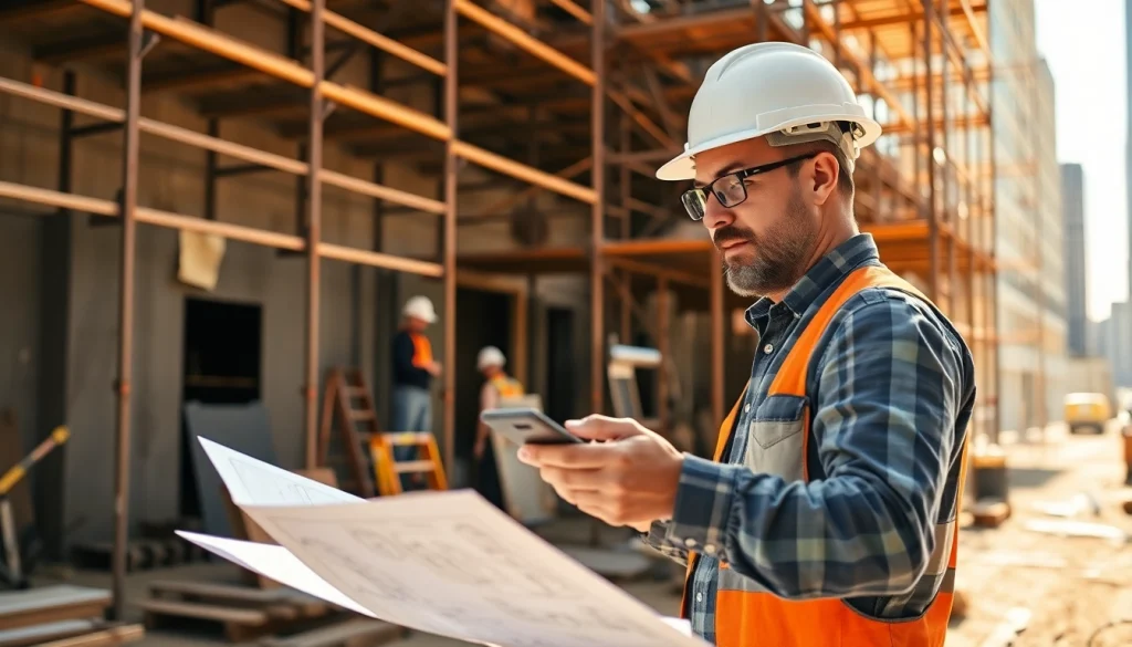 Skilled Manhattan General Contractor examining detailed blueprints at a vibrant construction site.