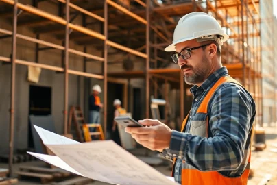 Skilled Manhattan General Contractor examining detailed blueprints at a vibrant construction site.