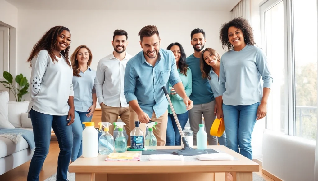 Engaging image of a cleaning service team collaborating in a sunny living room.
