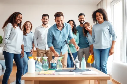 Engaging image of a cleaning service team collaborating in a sunny living room.