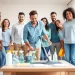 Engaging image of a cleaning service team collaborating in a sunny living room.