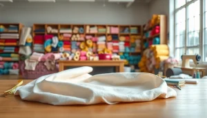 Katoen stof met kleurrijke rollen in een lichte stofwinkel