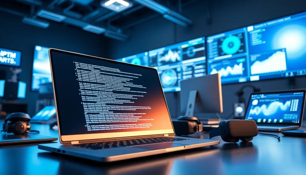 Technology workspace featuring advanced gadgets, vibrant screens, and a dynamic atmosphere.