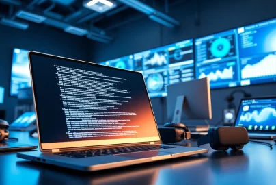 Technology workspace featuring advanced gadgets, vibrant screens, and a dynamic atmosphere.