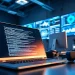 Technology workspace featuring advanced gadgets, vibrant screens, and a dynamic atmosphere.