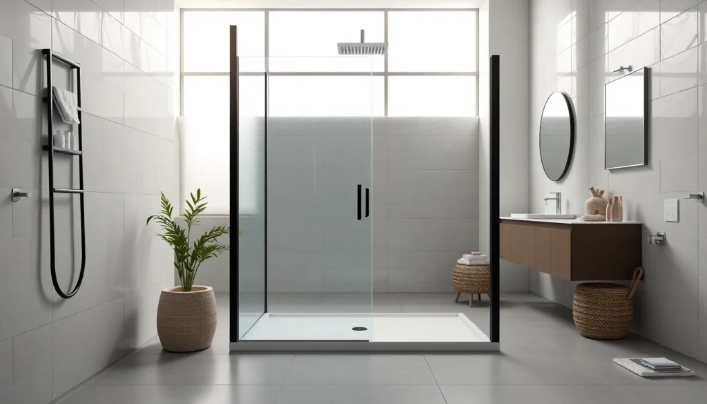 Admirez la paroi de douche 150x200 en verre clair et cadre noir dans un espace moderne.