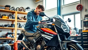 Motorradtechnik ist das zentrale Thema, während ein Techniker ein Yamaha-Motorrad repariert.