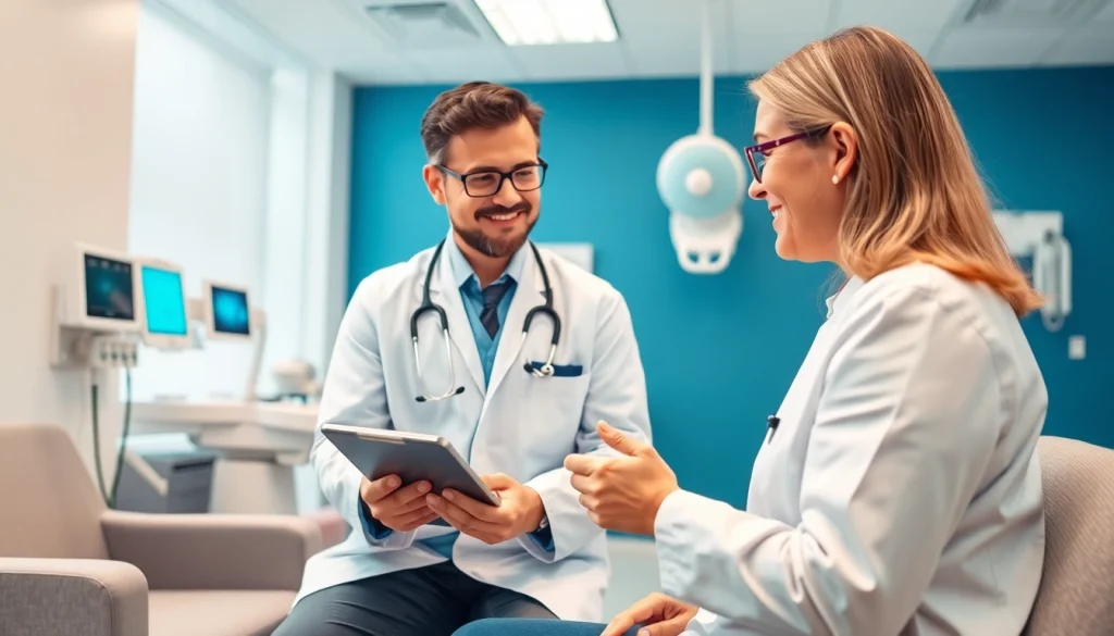 Engaging doctor reviewing Health information with patient in a modern clinic setting.